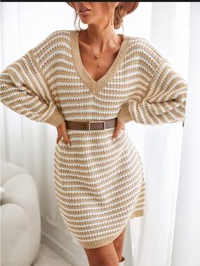 Cupshe Beige and White Striped V-Neck Sweater Mini Dress